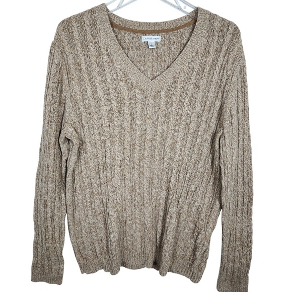 croft & barrow Sweaters - Croft & Barrow Women's Cable Knit V-Neck Sweater Size L Long Sleeve Beige Cotton
